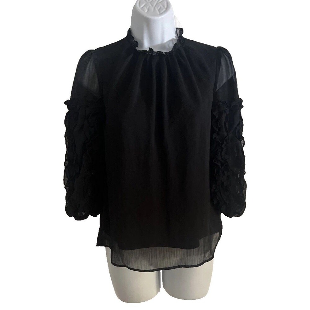 CeCe Women Black Chiffon Blouse XS Sheer Ruffled 3/4 Sleeve Top Whimsigoth Fairy